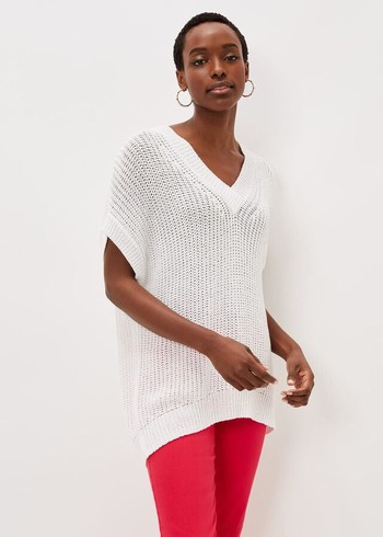 Phase Eight Lizzia V-Neck Stitch Knitwear White USA | 0845213-DS